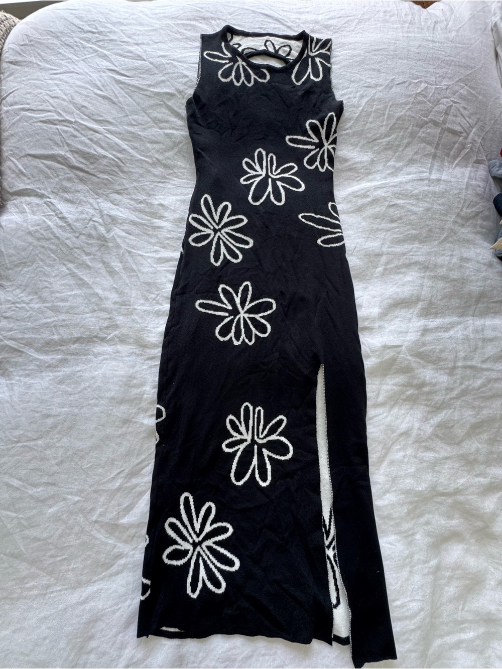 Black Floral Knit Maxi Dress with Side Slit